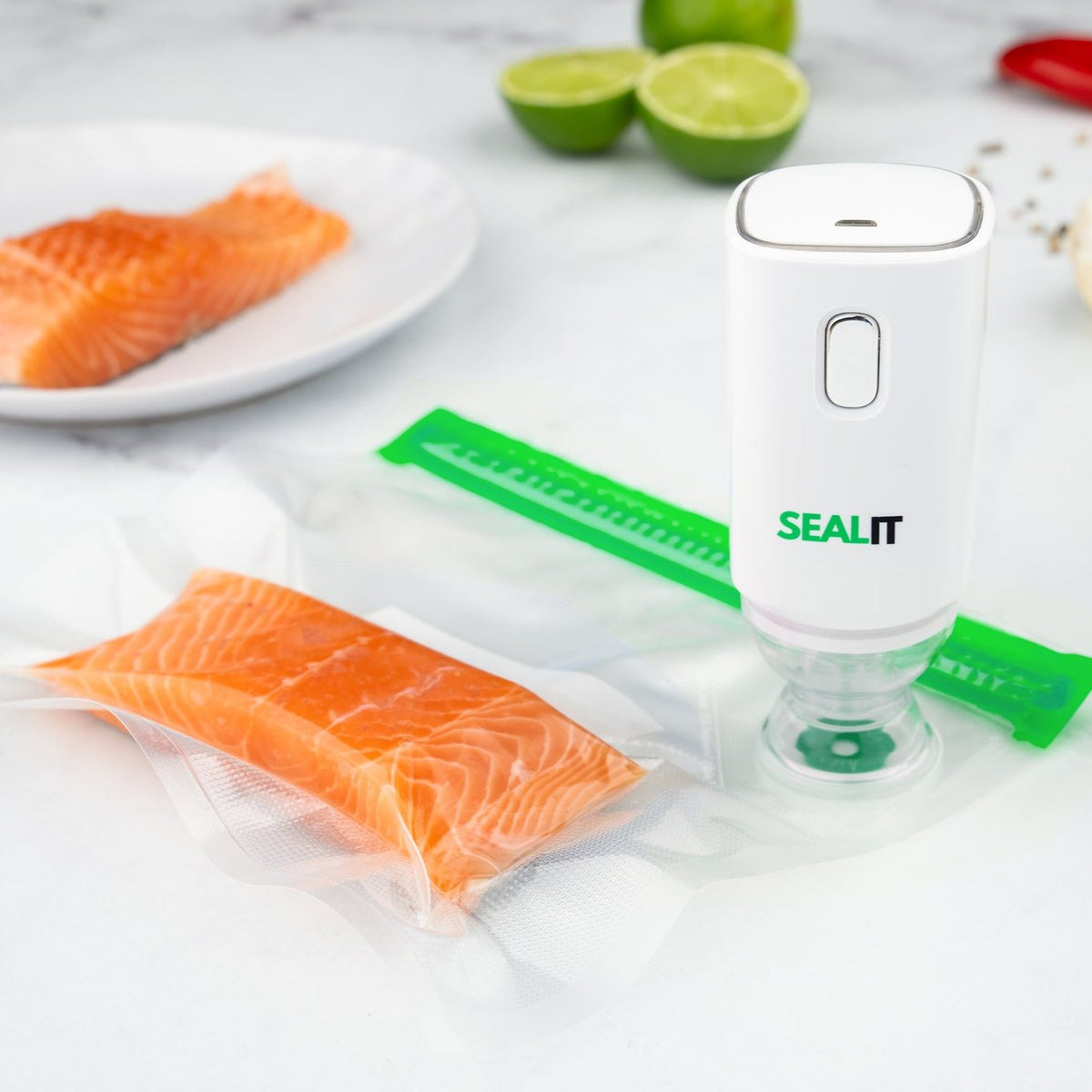Seal It vacuum sealer removing air from a reusable bag containing salmon